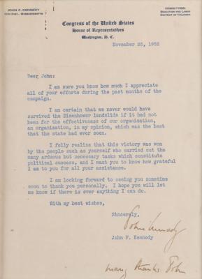 Lot #90 John F. Kennedy Typed Letter Signed as a Massachusetts Congressman: "I fully realize that this victory was won by the people such as yourself who carried out the many arduous but necessary tasks which constitute political success" - Image 2