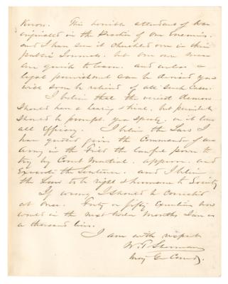 Lot #364 William T. Sherman War-Dated Autograph Letter Signed: "Spies and Guerillas, murderers under the assumed title of Confederate Soldiers and deserters...should be hung quick" - Image 3