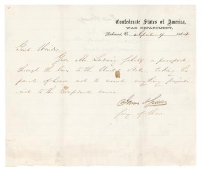 Lot #397 James A. Seddon War-Dated Autograph Letter Signed, Approving a "passport through the lines to the United States" - Image 1