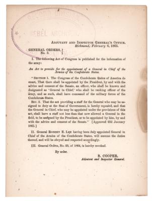 Lot #386 [Robert E. Lee] Confederate General Orders No. 3, Affirming the Appointment of a General in Chief of the Armies Confederate States - Image 1