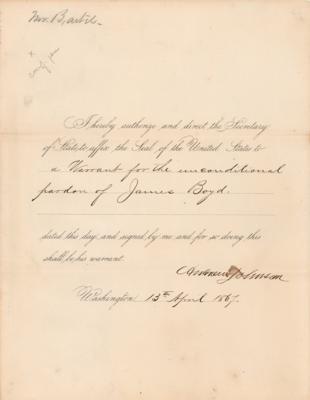 Lot #85 Andrew Johnson Document Signed as President, Pardoning a New York Counterfeiter - Image 1