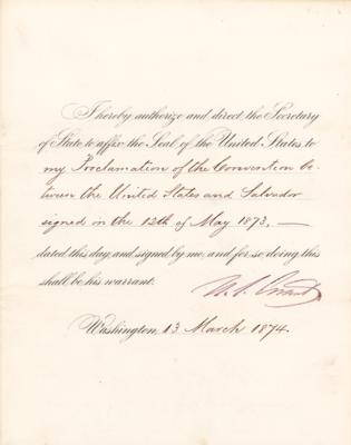 Lot #74 U. S. Grant Document Signed as President, Proclaiming an Extradition Convention with Salvador - Image 1