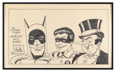 Lot #510 Bob Kane Signed Original Oversized Sketch - Batman, Robin, and the Penguin - Image 2