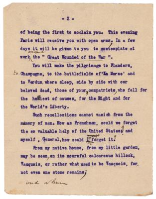 Lot #370 John J. Pershing Signed Typed Speech Draft Honoring the Commander of WWI’s American Expeditionary Forces - Image 2