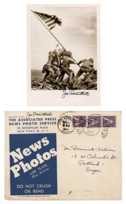 Lot #385 Iwo Jima: Joe Rosenthal (2) Signed Items - Flag-Raising Photograph and AP News Photo Envelope - Image 1