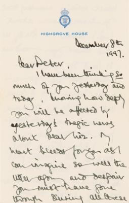 Lot #164 King Charles III Autograph Letter Signed, Four Months After Diana's Death: "I can so well imagine the unbearable emptiness you must feel at this time" - Image 2