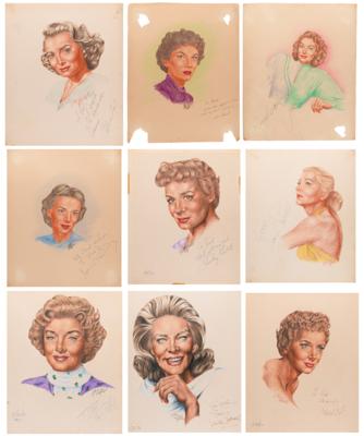 Lot #745 Actresses (9) Signed Sketches by J. Fred Johnson with Bacall, Crawford, and Fontaine - Image 1