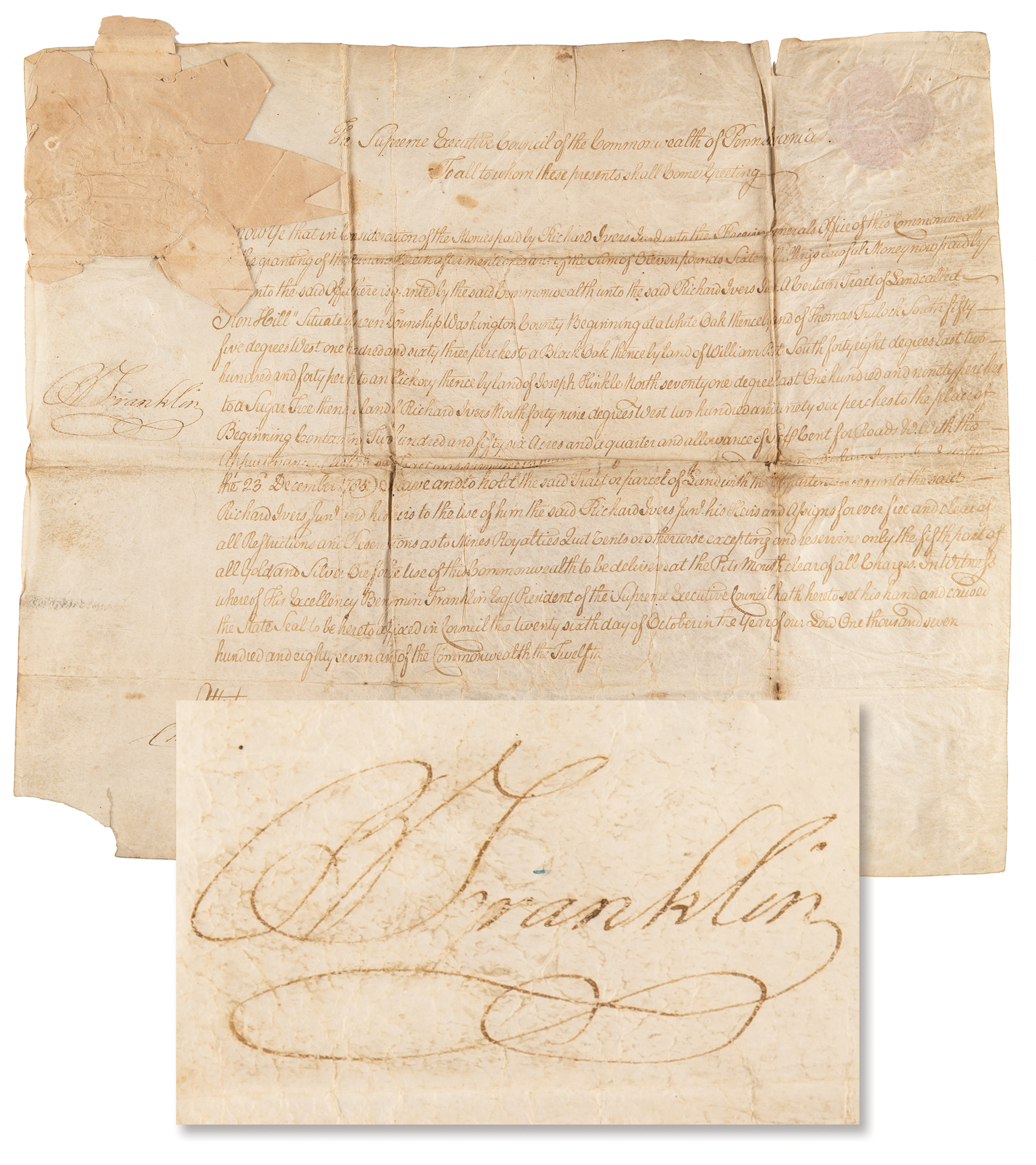 Lot #134 Benjamin Franklin Signed Land Grant as