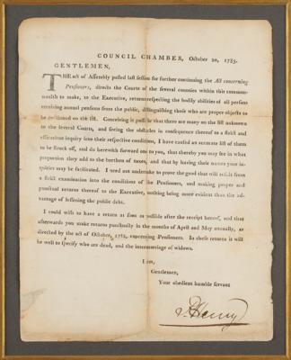 Lot #172 Patrick Henry Document Signed, Providing for Virginia's Disabled Heroes of the Revolution - Image 2