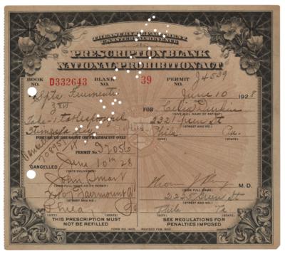 Lot #330 Prohibition: 1928 Liquor Prescription for