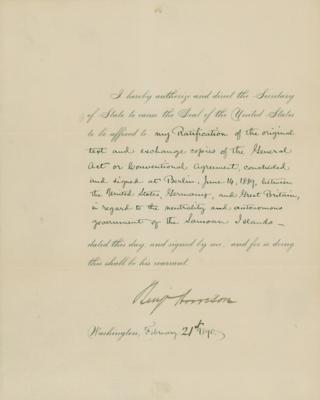 Lot #87 Benjamin Harrison Document Signed as President, Ratifying the 1889 Treaty of Berlin - Image 1