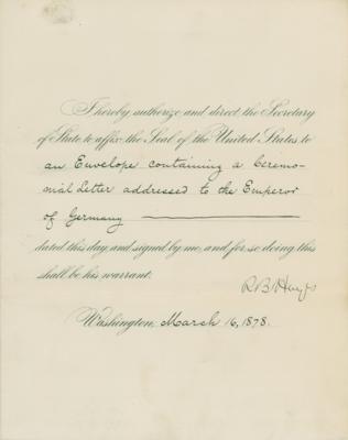 Lot #89 Rutherford B. Hayes Document Signed as President, Sending a Ceremonial Letter to William I, German Emperor - Image 1