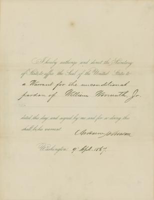 Lot #97 Andrew Johnson Document Signed as President, Pardoning a Young Counterfeiter - Image 1