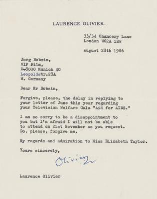 Lot #739 Laurence Olivier Typed Letter Signed: "My regards and admiration to Miss Elizabeth Taylor" - Image 1