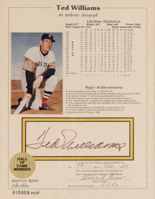 Lot #795 Ted Williams Signed Stat Sheet - Image 1