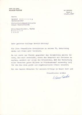 Lot #220 Klaus Fuchs Typed Letter Signed - Rare Autograph of the Manhattan Project Spy - Image 1