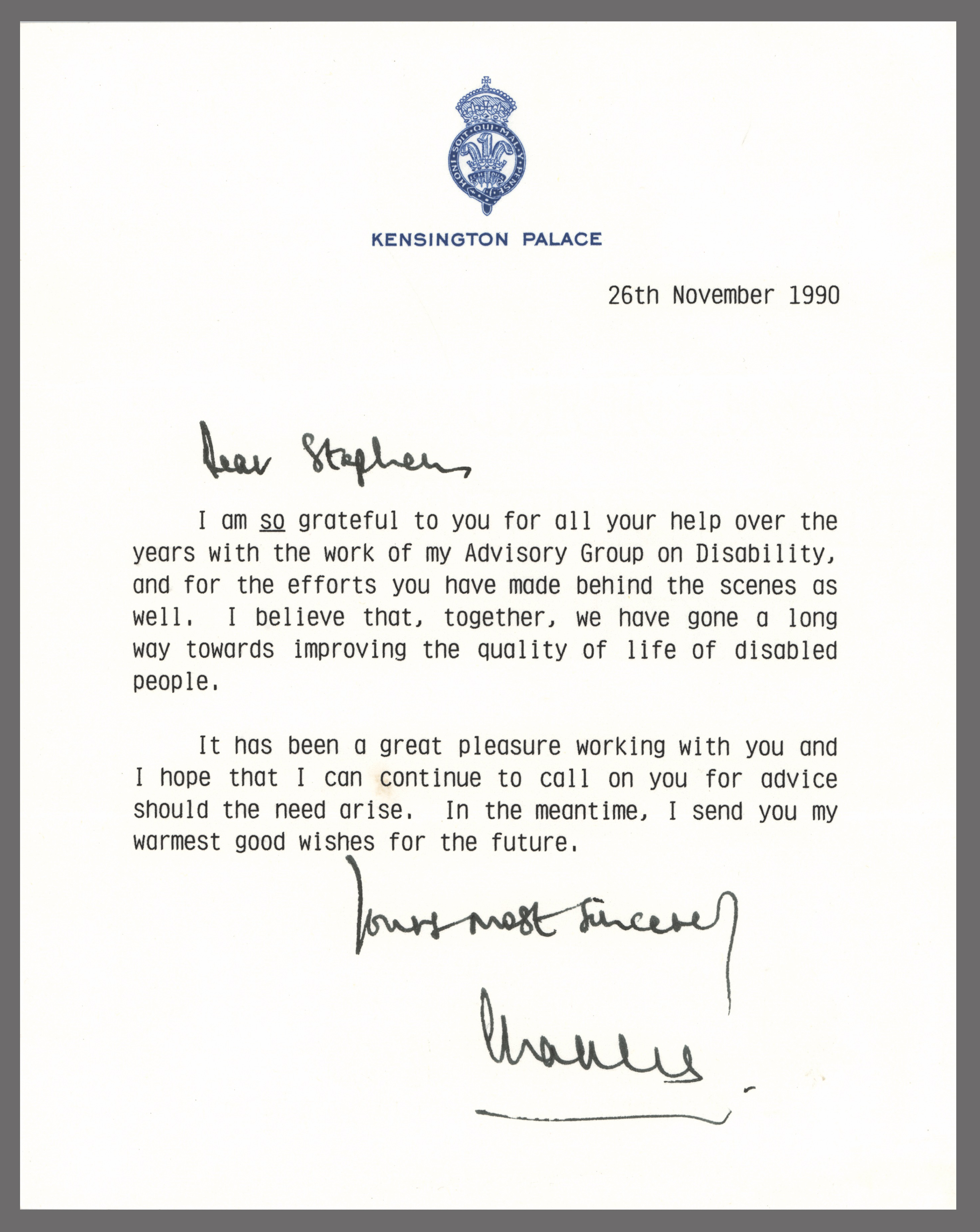 Lot #290 King Charles III Typed Letter Signed