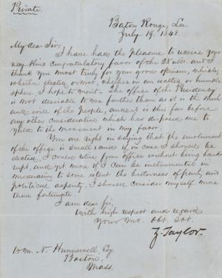 Lot #16 Zachary Taylor Letter Signed on Presidential Ambitions: "The office of the Presidency is not desirable to me farther than as it is in the wish and will of the people" - Image 1