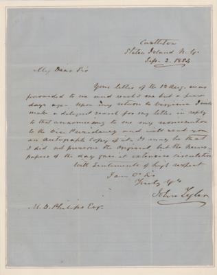 Lot #14 John Tyler Autograph Letter Signed, Sending an Autographed Copy of His "nomination to the Vice Presidency" - Image 1