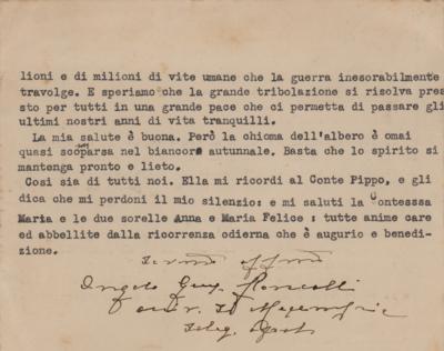 Lot #327 Pope John XXIII Typed Letter Signed on WWII: "The sacrifice is very light if you think about the sacrifice millions and millions of human lives that war inexorably overwhelms" - Image 1