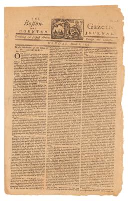 Lot #53 John Adams: The Boston Gazette from March 6, 1775, with Masthead Woodcut by Paul Revere - Open Letter from Novanglus to the Inhabitants of the Colony of Massachusetts-Bay - Image 1