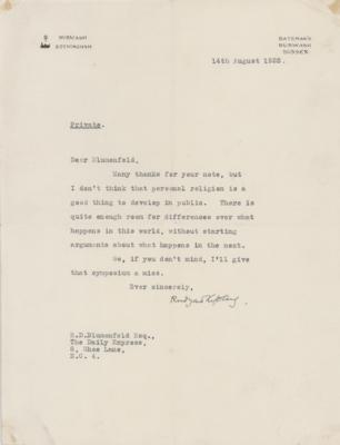 Lot #535 Rudyard Kipling Typed Letter Signed - "I don't think that personal religion is a good thing to develop in public" - Image 1