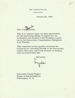 Lot #101 Lyndon B. Johnson Typed Letter Signed as President, Thanking a Congressman for the "pledge of support for my nomination and election to the Presidency" - Image 1