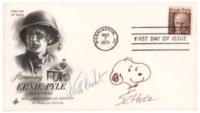 Lot #510 Charles Schulz Signed Snoopy Sketch on a First Day Cover, Also Signed by Walter Cronkite - Image 1