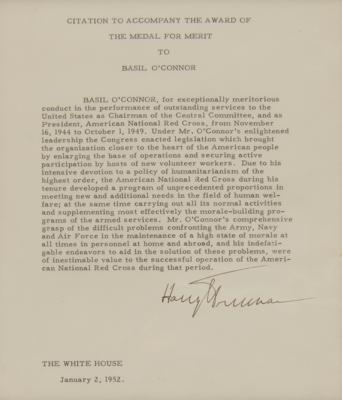 Lot #144 Harry S. Truman Document Signed as President, Presenting the Medal for Merit to Basil O'Connor, the President of the American National Red Cross - Image 2