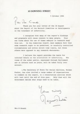 Lot #347 Margaret Thatcher Typed Letter Signed as Prime Minister on the "Report of the Warnock Committee" - Image 1