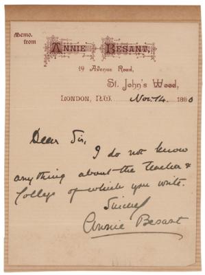 Lot #247 Annie Besant Autograph Letter Signed - Image 1