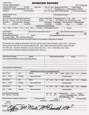 Lot #289 Kennedy Assassination: Maurice 'Nick' McDonald Signed Homicide Report - Image 1