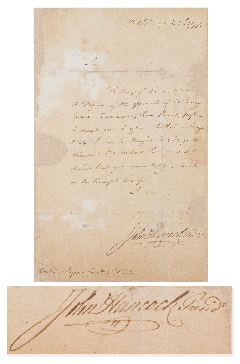 Lot #5005 John Hancock Letter Signed to Arthur St.