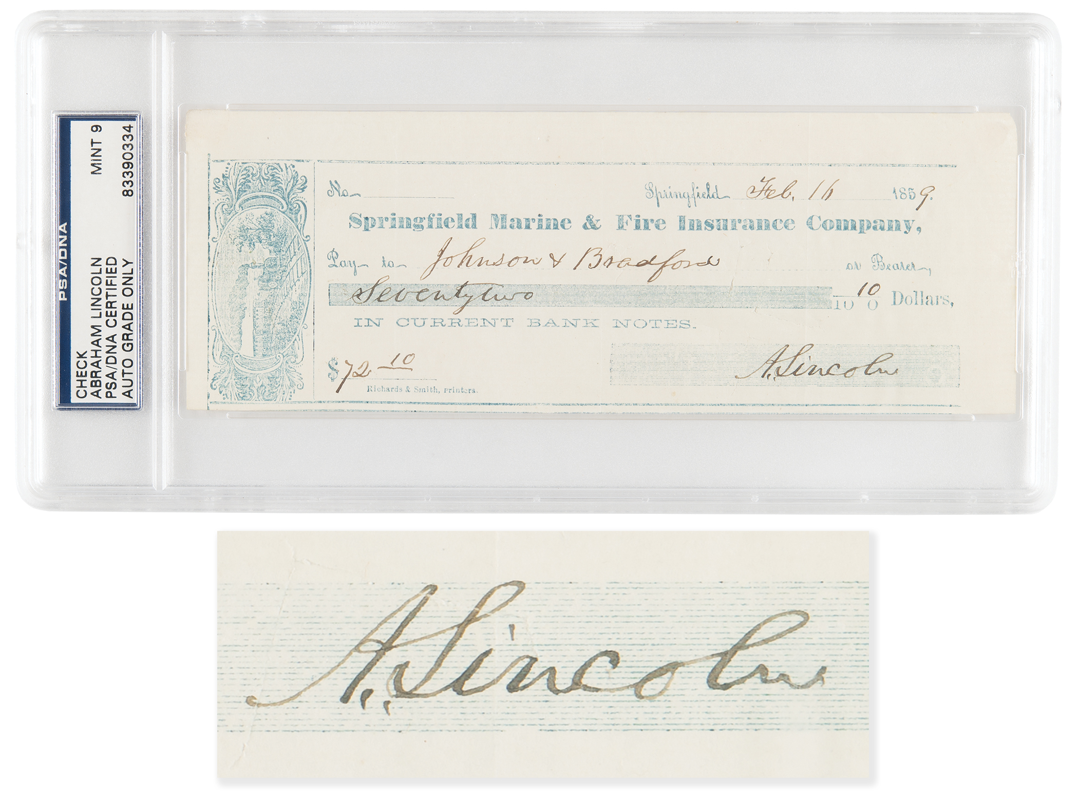 Lot #5015 Abraham Lincoln Signed Check - PSA MINT