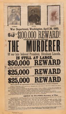 Lot #5020 Lincoln Assassination: Rare Original Reward Broadside Poster for John Wilkes Booth and Conspirators: "$100,000 Reward! The Murderer of our late beloved President, Abraham Lincoln, is still at large" - Image 1