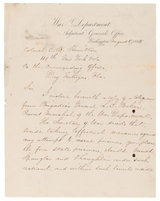 Lot #5019 Lincoln Assassination: Edward D. Townsend Autograph Letter Signed on Imprisonment of Conspirators: "Place the four state prisoners, Arnold, Mudd, Spangler and O'Laughlin under such restraint...as shall make abortive any attempt at escape" - Image 1