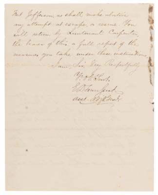 Lot #5019 Lincoln Assassination: Edward D. Townsend Autograph Letter Signed on Imprisonment of Conspirators: "Place the four state prisoners, Arnold, Mudd, Spangler and O'Laughlin under such restraint...as shall make abortive any attempt at escape" - Image 2