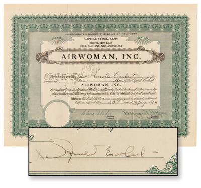 Lot #5087 Amelia Earhart Signed 'Airwoman, Inc.' Stock Certificate - Image 1