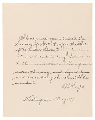 Lot #5027 Rutherford B. Hayes Document Signed as President, Ordering Troops to Pennsylvania at the Start of the Great Railroad Strike of 1877 - Image 1