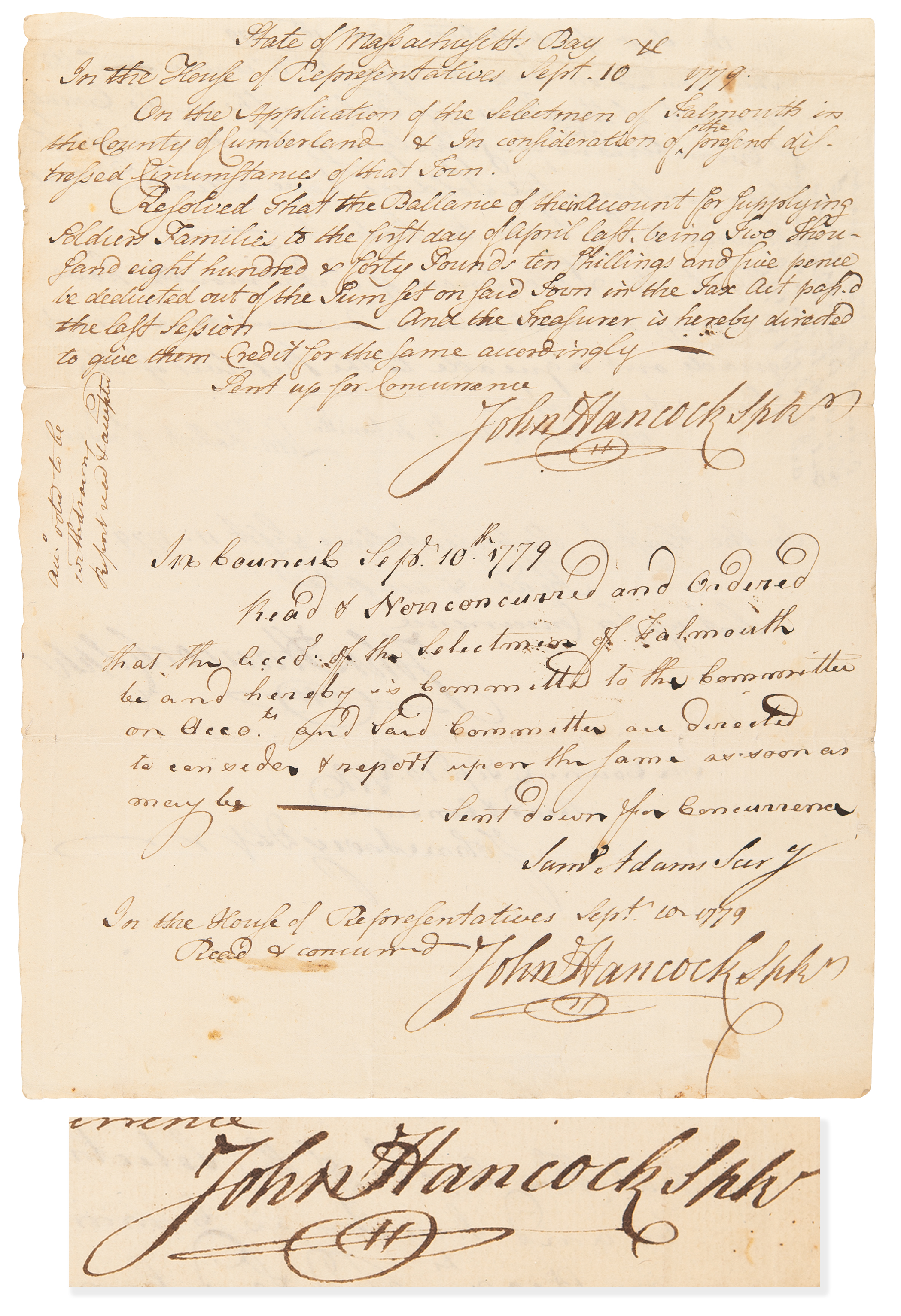 Lot #5003 John Hancock Rare Revolutionary War-Dated Triple-Signed Document, Countersigned by Samuel Adams - Image 1