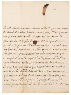 Lot #5061 Jean Racine Autograph Letter Signed on King Louis XIV and Victory at the Battle of Landen: "History should not lose a syllable of it" - Image 2