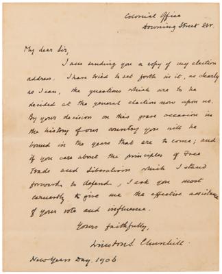 Lot #5065 Winston Churchill Autograph Letter Signed - "If you care about the principles of Free Trade and Liberalism which I stand forward to defend, I ask you most earnestly to give me the effective assistance of your vote" - Image 1