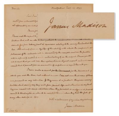 Lot #5012 James Madison Autograph Letter Signed, Explaining His and Thomas Jefferson's Decision to Decline Involvement in the 1824 Presidential Election: "The public will be sufficiently enabled to decide understandingly on the subject" - Image 1