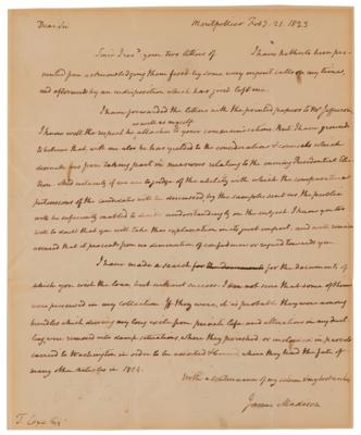 Lot #5012 James Madison Autograph Letter Signed, Explaining His and Thomas Jefferson's Decision to Decline Involvement in the 1824 Presidential Election: "The public will be sufficiently enabled to decide understandingly on the subject" - Image 2