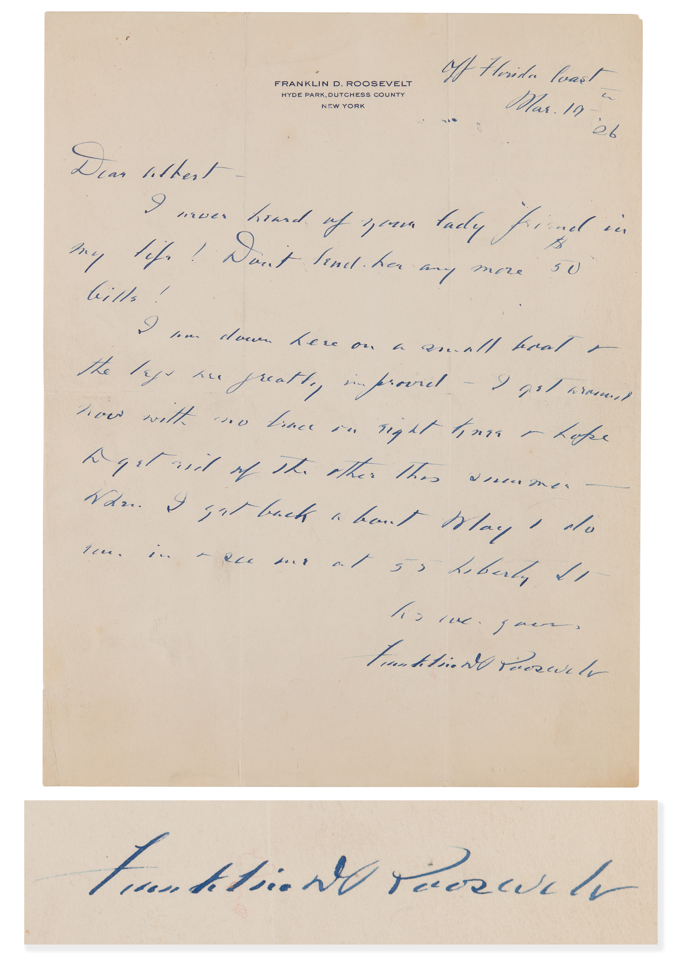 Lot #5031 Franklin D. Roosevelt Autograph Letter Signed on Polio Recovery: "The legs are greatly improved. I get around now with no brace on right knee" - Image 2