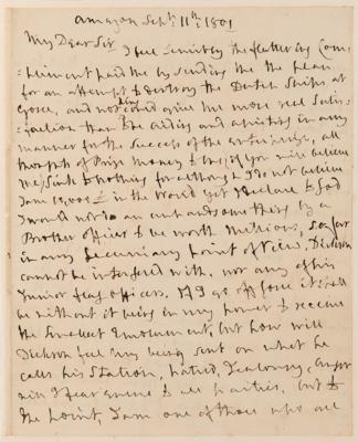 Lot #5062 Horatio Nelson Autograph Letter Signed, Thanking the Secretary to the Board of Admiralty for "the plan for an attempt to destroy the Dutch ships at Goree" - Image 2