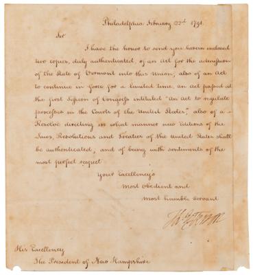 Lot #5010 Thomas Jefferson Letter Signed as Secretary of State, Informing New Hampshire President Josiah Bartlett of Vermont's Admission Into the Union - Image 2