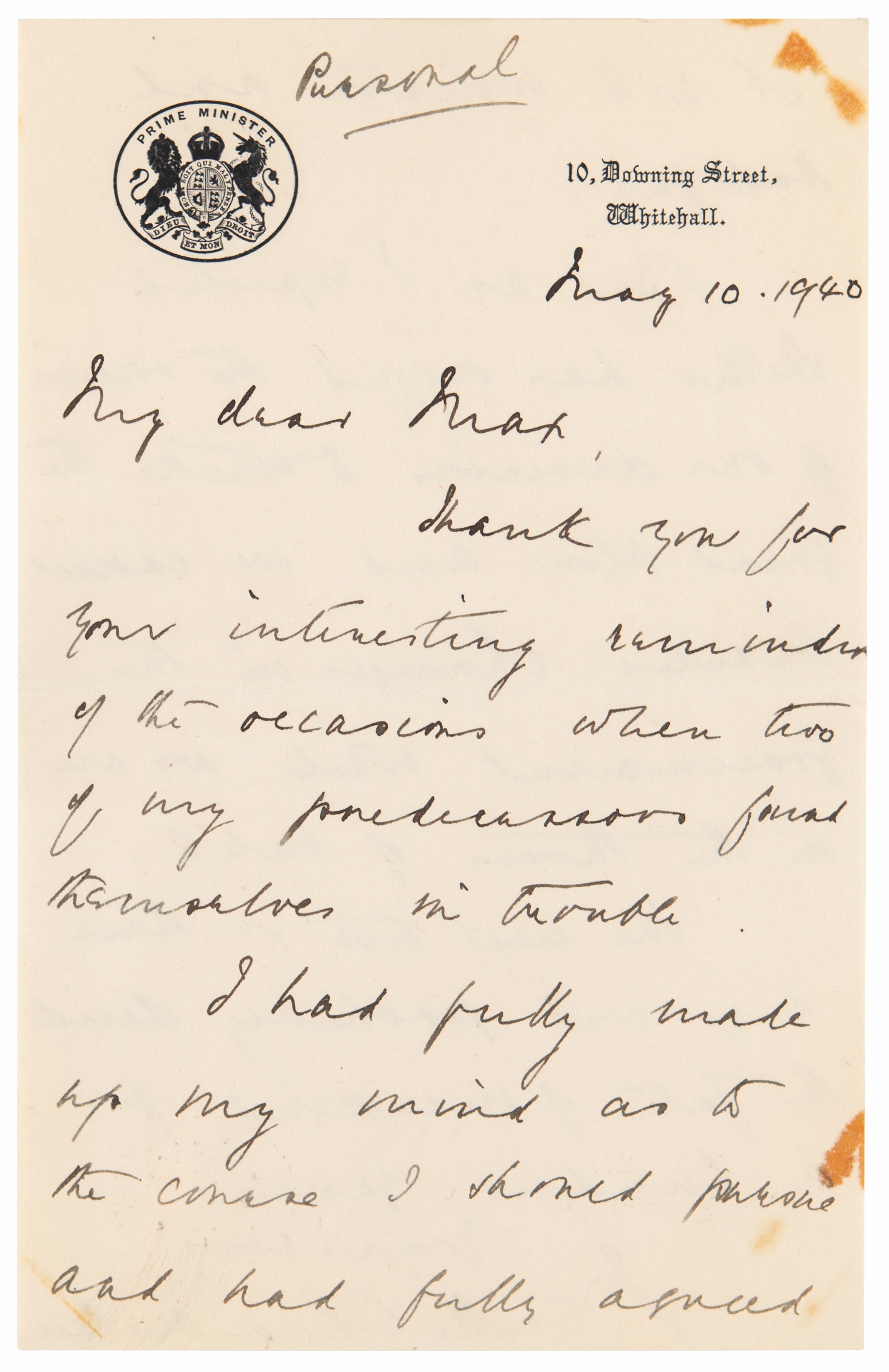 Lot #5064 Neville Chamberlain Autograph Letter Signed on the Day of His Resignation and Nazi Germany’s Invasion of France - "The next two or three days will probably decide the fate of mankind for a hundred years" - Image 2