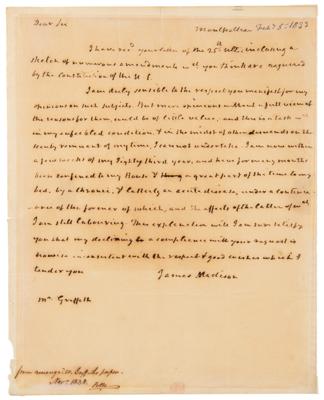 Lot #5 James Madison Autograph Letter Signed on US Constitution, Declining to Opine on "Numerous Amendments" - Image 2