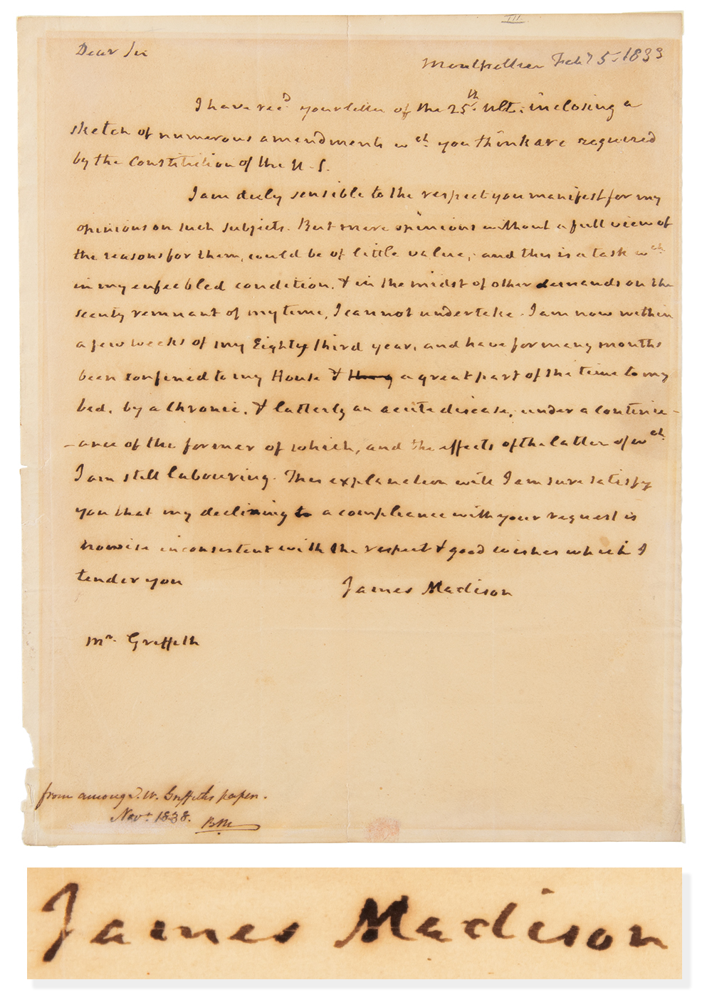 Lot #5 James Madison Autograph Letter Signed on US